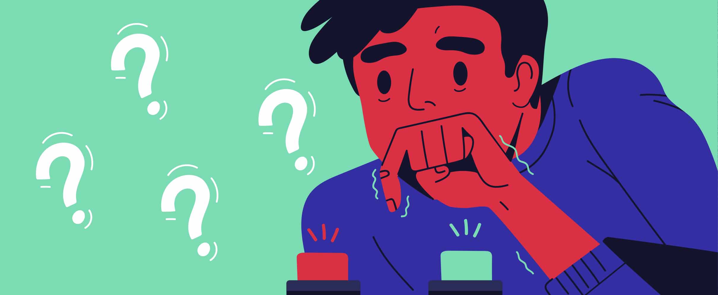 Cartoon of a nervous looking guy trying to decide between two buttons.